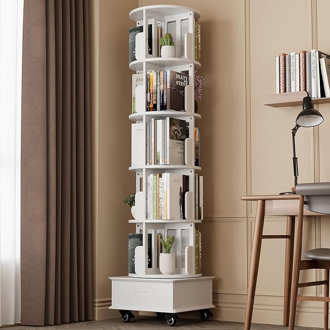 72" Solid Wood Rotating Bookshelf Tower on Wheels, 5-Tier Spinning Bookcase with Drawer, Floor Standing Revolving Bookshelf, Rotating Bookcase for Small Space, Walnut