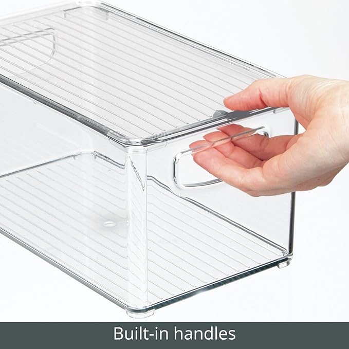 mDesign Plastic Deep Storage Bin Box Container with Lid and Built-In Handles - Organization for Fruit, Snacks, or Food in Kitchen Pantry, Cabinet, or Cupboard, Ligne Collection, 2 Pack, Clear
