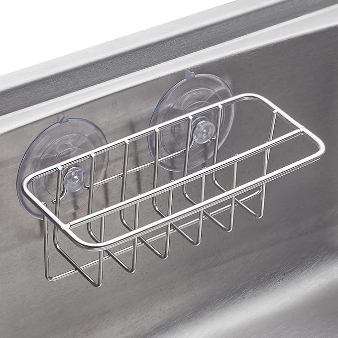 Sink Caddy Sponge Holder for Kitchen Sink Dish Cloth Hanger 2 Suspension Options(Suction Cups and Adhesive Hook), SUS304 Stainless Steel, Silver