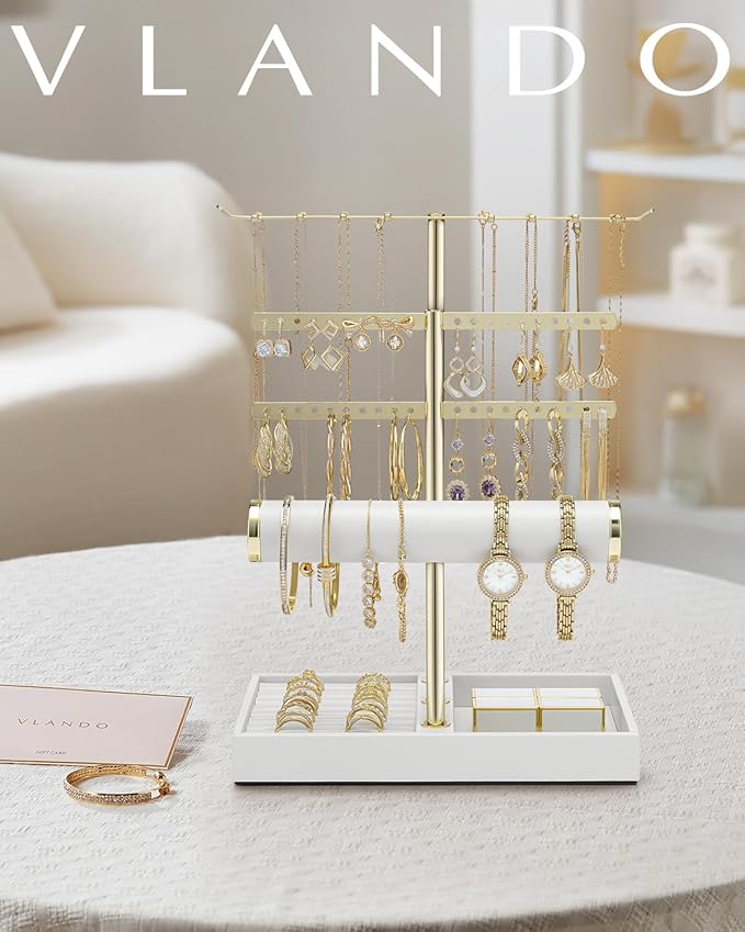 Vlando 3 Tier Jewelry Stand Organizer with Tary, Leather Jewelry Holder Display for Women, Gold Jewlery Holder Display for Necklace, Earring, Bracelet, Rings - White