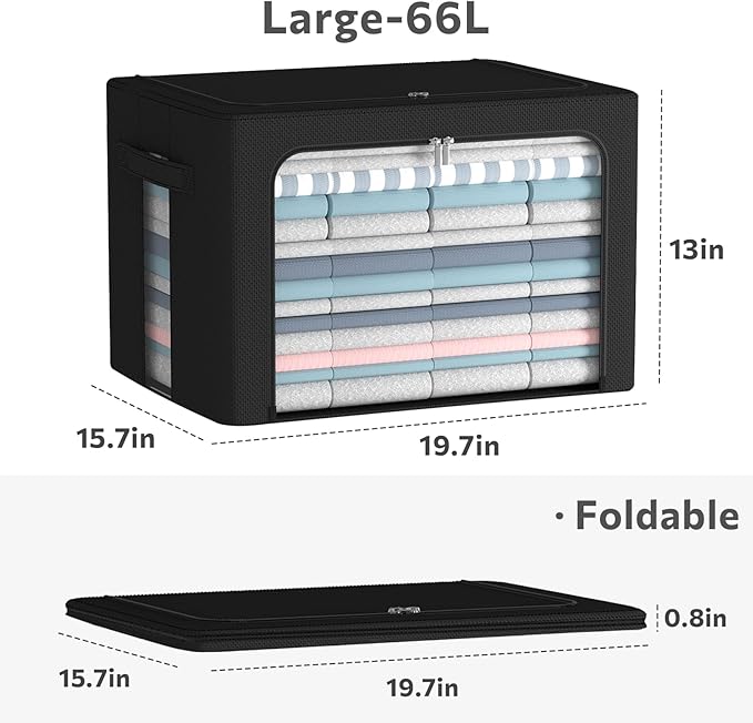 CYhom 3Pack Foldable Storage Bins - Frame Storage Box Linen Fabric Stackable Clothes Container Organizer with Clear Window & Carry Handles Large Capacity (Large-66L, Black)