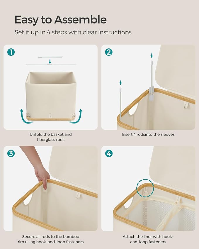 SONGMICS Laundry Hamper with Lid, 2-Section Large Laundry Basket, 34.3-gallon (130L), Removable Mesh Liner, Bamboo Handles, Collapsible, 20.5 x 15.2 x 27.8 Inches, Cream White ULCB513W01