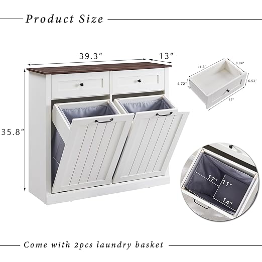 Double Tilt Out Trash Cabinet, 20 Gallon Farmhouse Laundry Hamper Cabinet with 2 Drawers, Hidden Wooden Trash Can Cabinets with Storage Basket for Kitchen, Living Room (Antique White)