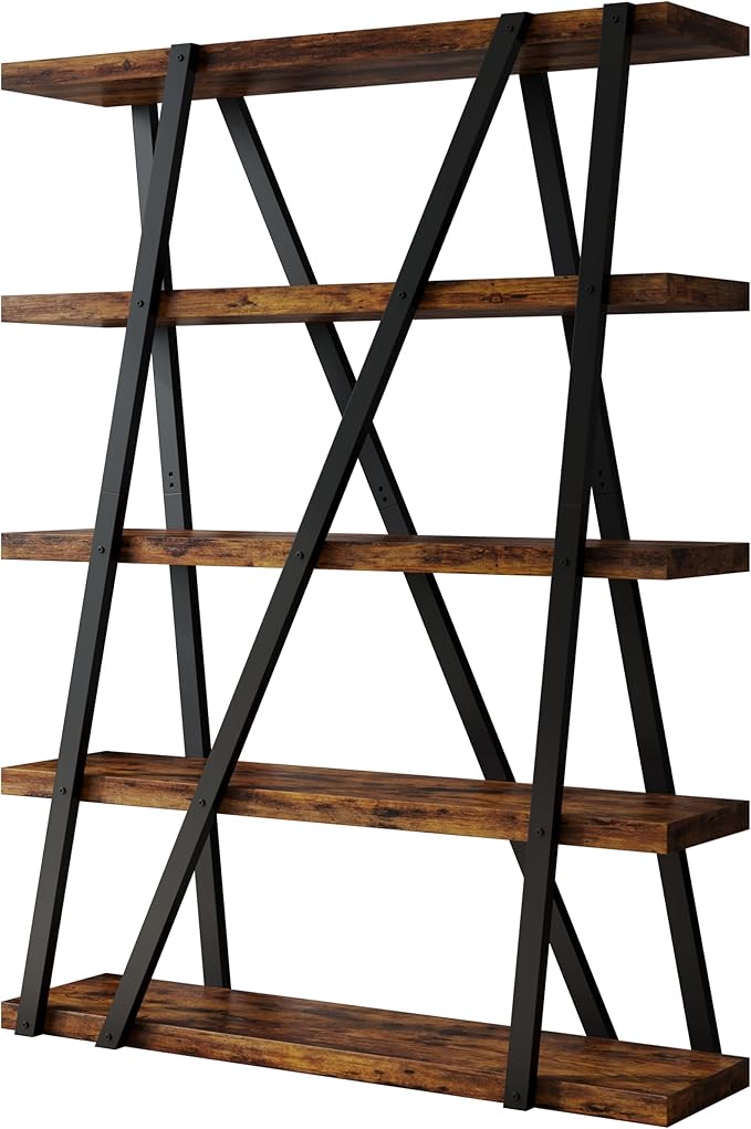 FUSUNBAO Unique 5-Tier Wooden and Metal Frame Bookshelf,Vintage Industrial Modern Style Tall Bookcase,72 "H x 12 "W x 47" L,Rustic Large Wooden Shelf,Display Shelf for Home Office,Retro Brown