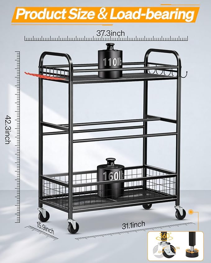 Ball Storage Sports Equipment Organizer - Garage Storage Cart Rolling Ball Storage Rack with Hooks Wheels Outdoor Indoor Gym Gear Toy Holder Bin for Basketball, Baseball, Soccer