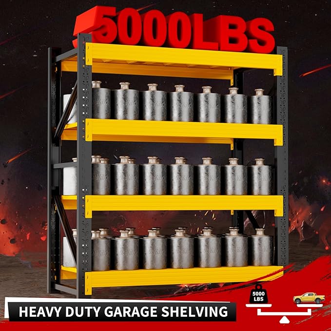 5000LBS Garage Storage Shelves, 59" W Garage Shelving Heavy Duty Adjustable Shelving Unit, 4 Tier Metal Utitly Shelves Industrial Shelving for Warehouses,Basement,Black Yellow