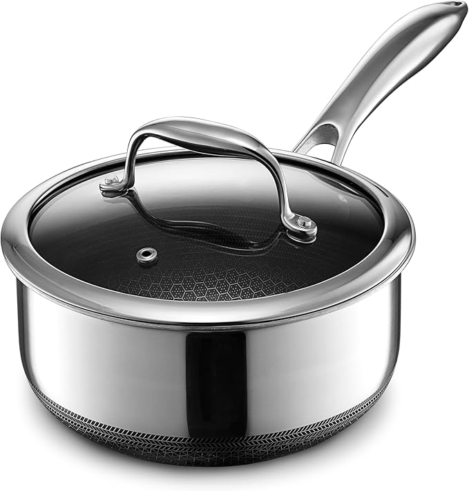 HexClad Hybrid Nonstick 2-Quart Saucepan with Tempered Glass Lid, Stay-Cool Handle, Dishwasher-Friendly, Oven-Safe Up to 900°F, Induction Ready, Compatible with All Cooktops