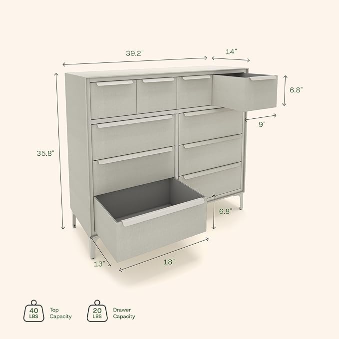 Naima Premium Fabric Dresser - Strong Metal Frame, 10 Spacious Sag-Proof Drawers with Sleek Metal Handles - Premium & Durable Storage Solution for Your Home (Beige)