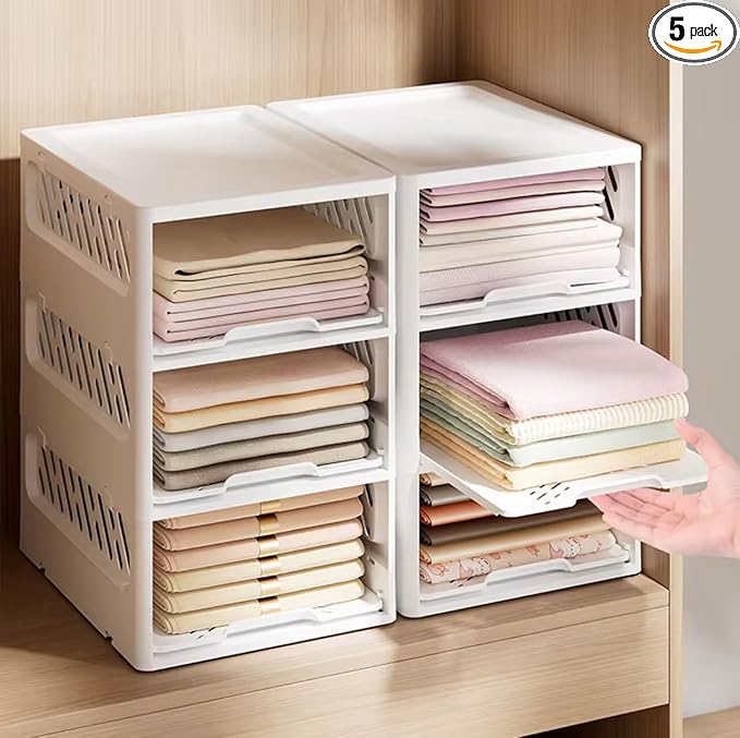 5 Pack Stackable Drawer Storage Baskets – Foldable Closet Organizer with Slide-Out Drawer Feature for Clothes, Kitchen, Bathroom & Laundry Room – Space-Saving Storage Bins, White