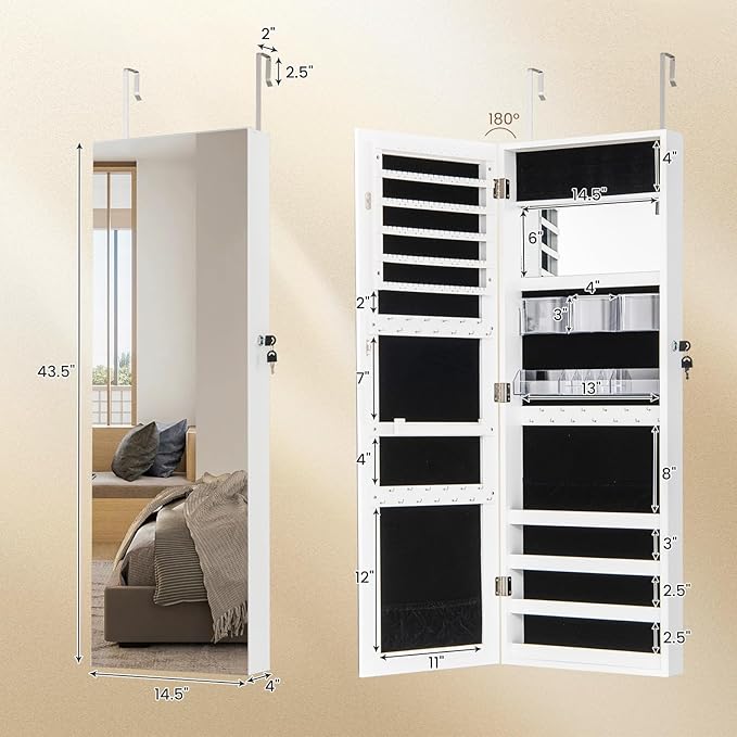 CHARMAID Jewelry Cabinet Wall or Door Mounted, Hanging Lockable Jewelry Armoire Storage with Full Length Mirror, Interior Makeup Mirror, Over the Door Jewelry Organizer Box with Mirror (White)