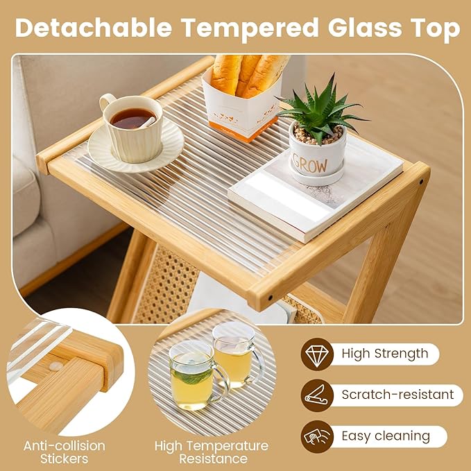 GOFLAME Rattan Side Table Set of 2, Z-Shaped End Table with Tempered Glass Top, Magazine Rack, Boho Night Stand, Small Coffee Table, Bamboo Accent Bedside Table for Living Room, Bedroom, Natural