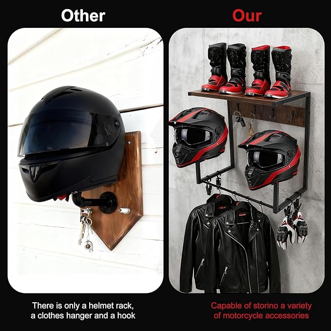 Motorcycle Helmet Wall Mount Rack, Heavy-Duty Helmet Holder with Storage Shelf for Moto Gear Accessories Organization, 2 Helmet Stands, 4 Clips, 9 Hooks for Hanging Gloves, Keys, Jackets