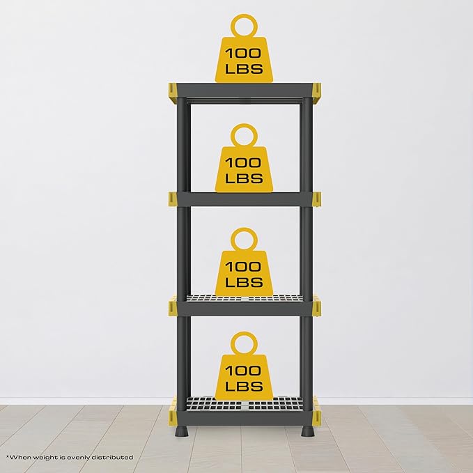 BLACK & YELLOW 4-Tier Heavy Duty Plastic Storage Shelving Unit, 100lbs/shelf (55H x 24W x 20D), for Indoor/Outdoor Organization, Modular Rack, Extremely Durable, Made in The USA