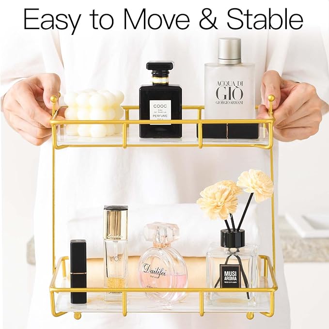 Bathroom Counter Organizer Makeup Organizer 2 Tier Vanity Tray Dresser Stainless Steel Gold Shelf