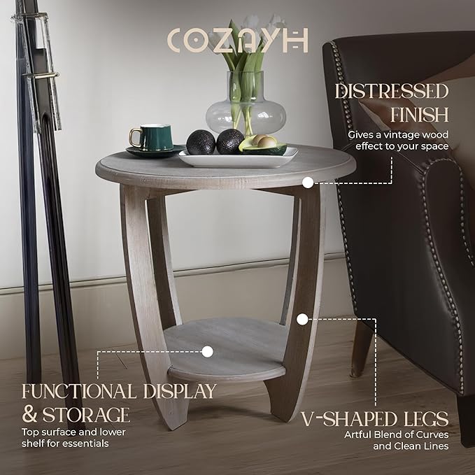 COZAYH Rustic Farmhouse End Table with Storage Shelf, French Country Modern Round Accent Side Table for Small Spaces, Vintage Grey Finish