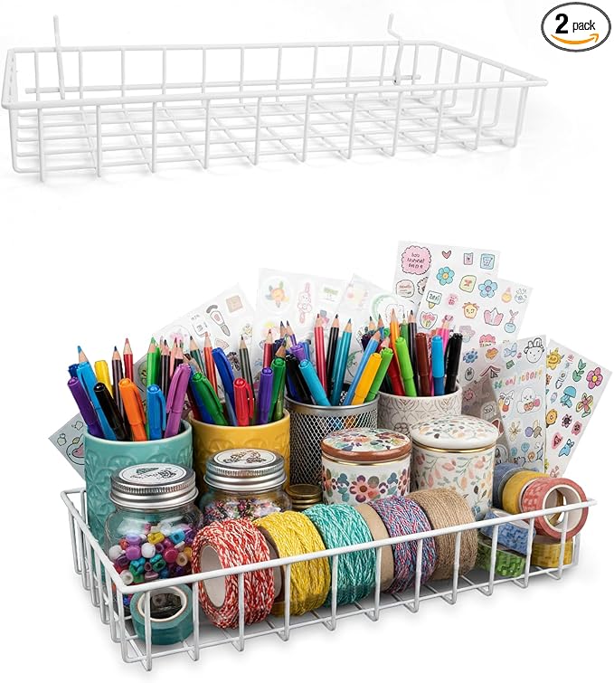 G.CORE Large Peg Board Baskets - 2 Pack Metal Shallow Tray Shelves for 1/4 Pegboards - Spray Bottle Holders Can Organizers for Garage Workbench Shop Hobby Craft Tool Organization (White)