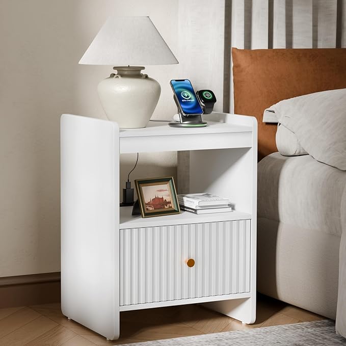 HIFYOBRO 21.6" Tall Fluted Nightstand, End Table with Charging Station and LED Light, Modern End Side Table with Drawer(White)