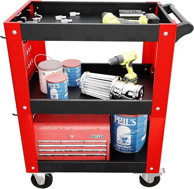3 Tier Rolling Tool Cart on Wheels, Mechanic Storage Organizer, Rolling Work Cart with Pegboard for Garage, Workshop, Warehouse（Red & Black）
