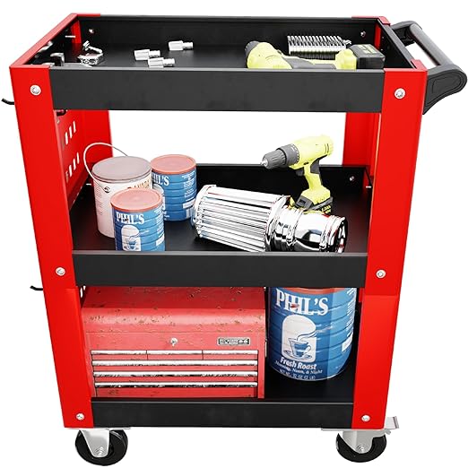 3 Tier Rolling Tool Cart on Wheels, Mechanic Storage Organizer, Rolling Work Cart with Pegboard for Garage, Workshop, Warehouse (Red and Black)