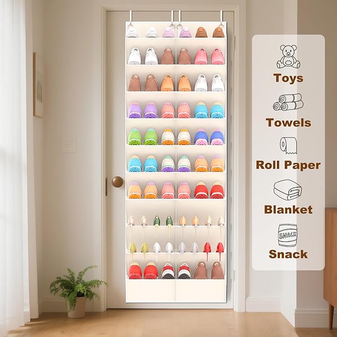30 Pairs Over the Door Shoe Organizer, Clear Pockets Hanging Shoe Storage for Closet, 10-Tier Door Shoes Rack Storage, Handing Shoes Holder Fit All the Family's Sneakers, Boots, Heels, Beige
