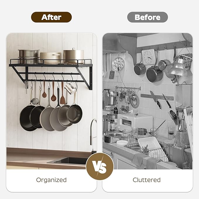 Wall Mounted Pot Rack, 23.8 Inch Pot and Pan Organizer with 2 Tier Hanging Rails, 12 S-Hooks, Metal Pot Rack for Kitchen Cookware Organizer, Space Saving, for Kitchen Utensils, Black PR01BK