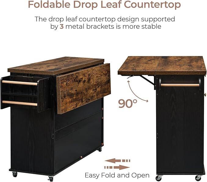 60.2" Kitchen Islands with Storage, Kitchen Island Cart with Trash Can Storage Cabinet, Rolling Kitchen Island Table with Drop Leaf & Power Outlet & Spice Rack & Towel Rack & Knife Holder, Black