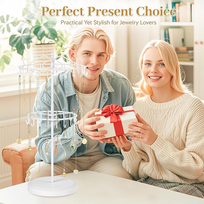 MODOWEY Rotating Necklace Holder Organizer Display Stand with 42 Hooks, 2 Tier Adjustable Metal Tree for Long Necklace Hanger Selling, Tall Spinning Bracelet Storage Rack for Men Women, White