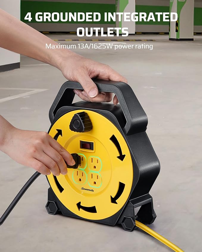 DEWENWILS Extension Cord Reel with 25 FT Power Cord, Hand Wind Retractable, 16/3 AWG SJTW, 4 Grounded Outlets, 13 Amp Circuit Breaker, Yellow, Yellow Cord, UL Listed