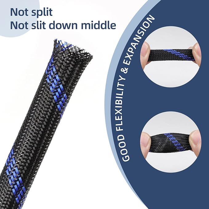 Braided Cable Sleeving, PET Expandable Braided Cable Sleeve, Flexible Mesh Sleeving Cord Management for Audio Video and Other Home Device, Cord Protector from Pets (Black Blue, 5/8" x 25ft)