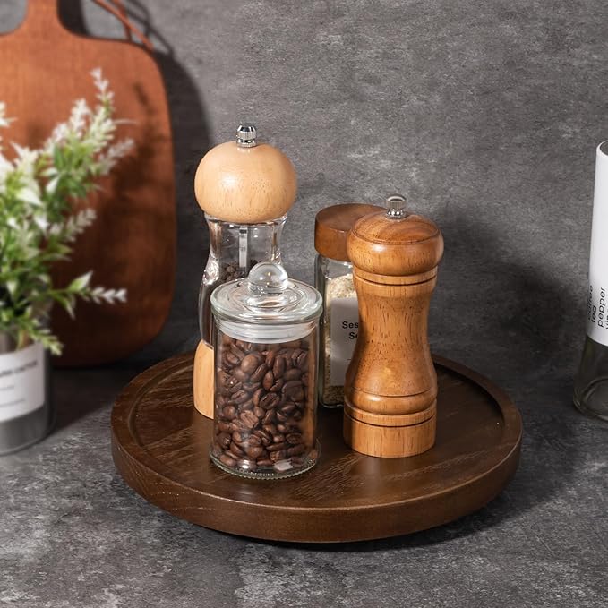 Wood Lazy Susan Organizer Kitchen Turntable for Cabinet Farmhouse Bathroom Decor Round Decorative Tray for Vanity, Counter, Sink, Coffee Table, 9 Inch, Walnut