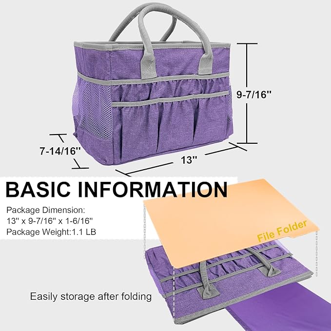 Cupohus Water-Resistant Art Organizer Tote Bag - Craft Storage Bag with Multiple Pockets and Handles for Artists, Kids, Students, and More – Purple