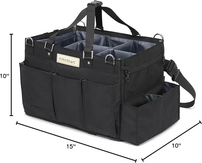 FifthStart Cleaning Supplies Organizer Tote & Caddy - X-Large, Black Nylon - Adjustable Straps for Cleaning Tote - 9 Pockets & Dividers in Organizer Bag - Durable Nylon Construction for Diaper Caddy