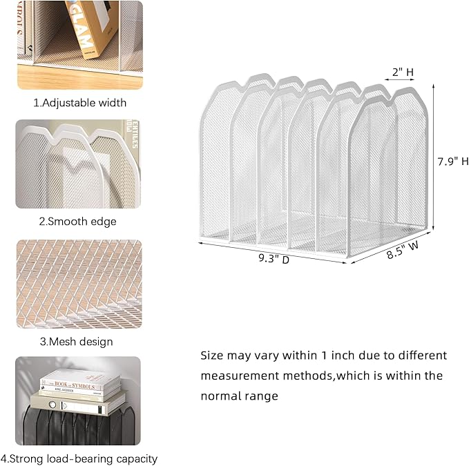 White 5-Section File Folder Organizer for Desk – 8.5"×9.3" Metal Vertical File Holder, Desktop File Organizer Vertical Stand, Letter/A4 Upright File Sorter