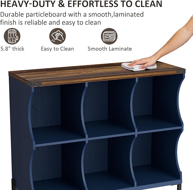 6 Cube Storage Shelf Organizer, Low Book Shelf Bookcase Entryway Table, Wood Closet Storage Display Cabinet TV Stand for Living Room, Office,Bedroom, Dorm, Blue with Natural Top