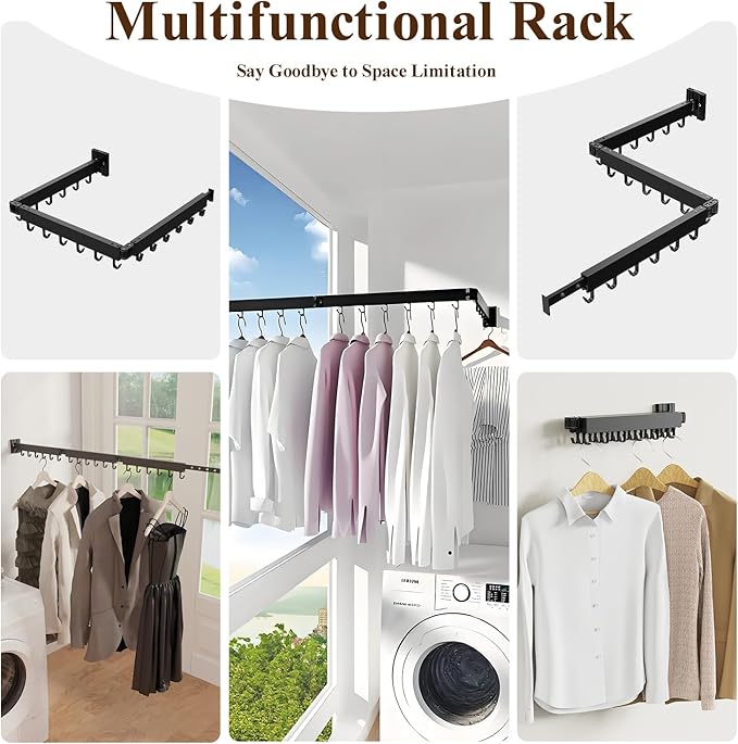 SVELTHOME Clothes Drying Rack Wall Mounted, Foldable Laundry Drying Rack,Retractable Tri-Fold Space Saver for Laundry Room Bathroom (Black)