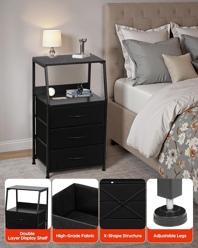 Dresser for Bedroom, Fabric Nightstand Tall Dresser & Chests of Drawers with 3 Drawers, Vertical Organizer Storage Tower Unit for Bedroom, Hallway, Entryway Black