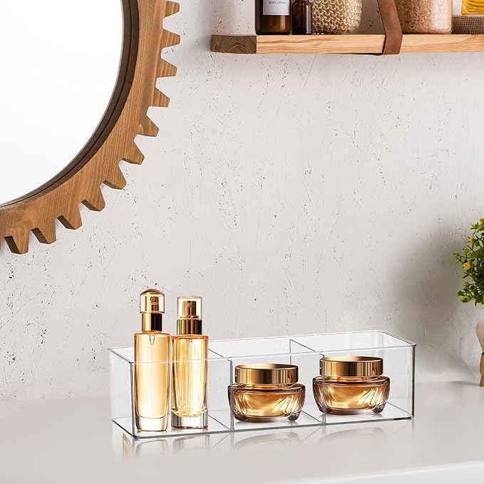 Acrylic Makeup Brush Organizers,1 Pack 3 Section 3 Compartments Transparent Plastic Lipstick Holder Clear 9.13x3.54x2.36 Inches Storage Square Cube for Bathroom Jewelry Accessories