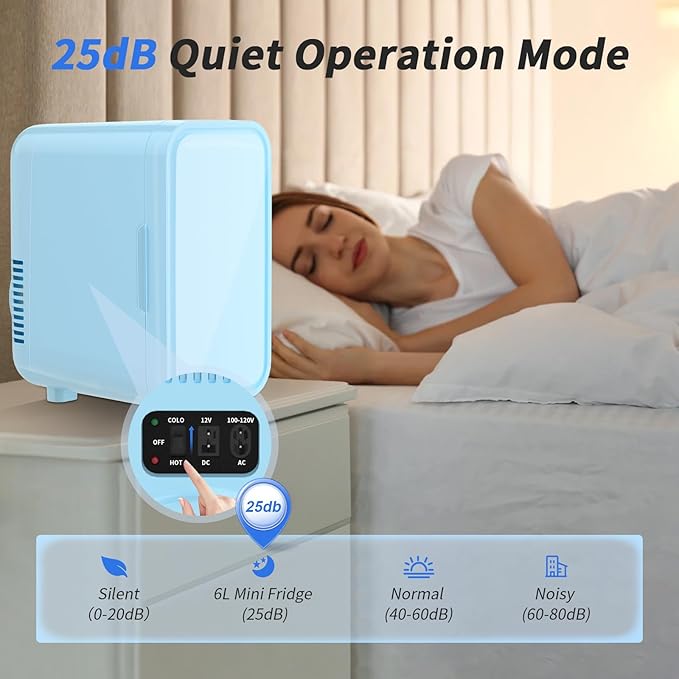 Mini Fridge, 6 Liter/8 Can 110V AC/DC Portable Thermoelectric Cooler Refrigerators for Bedroom, Skincare, Beverage, Office, Dorm Room and Car, Blue