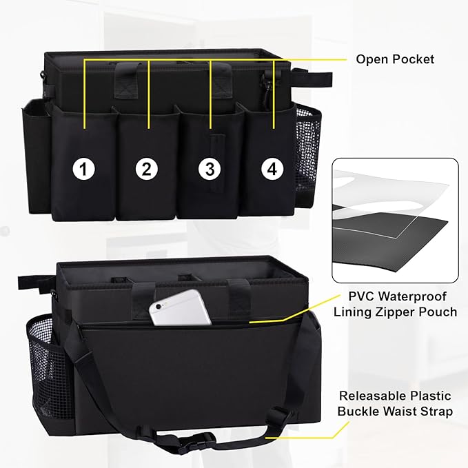 Wearable Large Cleaning Caddy Bag for Housekeeper, Clean Supply Organizer with Adjustable Shoulder, Waist & Handle Straps, Detailing Bag for Kitchen Supplies (Black)