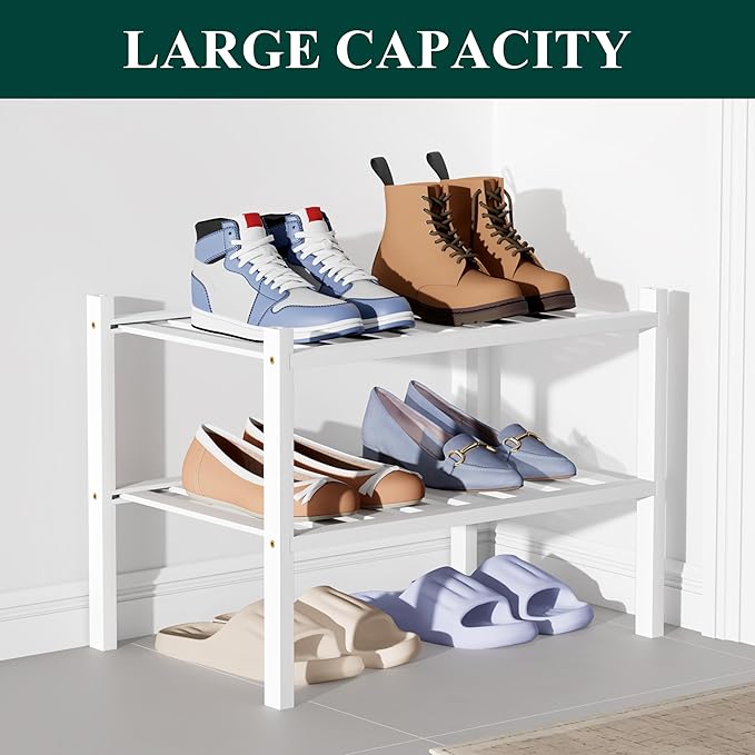 Smiry Bamboo Shoe Rack for Closet, 2 Tier Small Wooden Stackable Shoe Organizer, Free Standing Shoes Storage Shelf for Entryway, Front Door Entrance, White