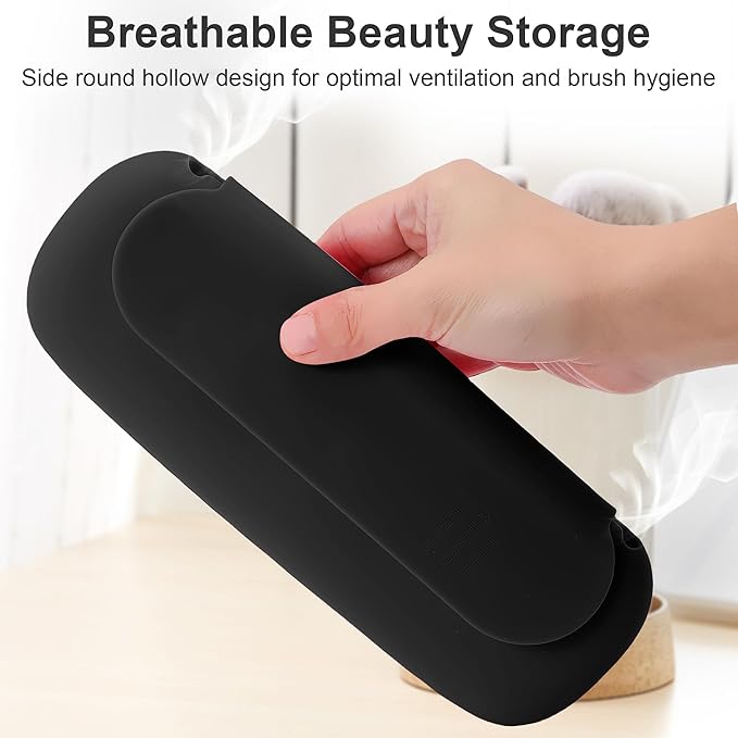 Silicone Travel Makeup Brush Holder for Women with Magnetic Closure and Built-in Brush Cleaner, Washable Cosmetic Organizer, Gift-Ready Pouch, Black