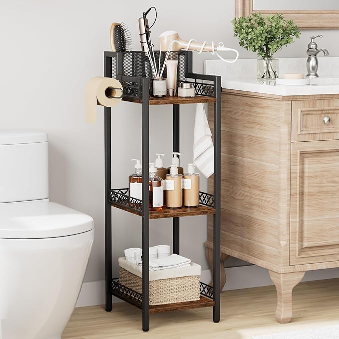 Bathroom Storage Shelf Hair Dryer Holder, 3-Tier Narrow Metal Standing Rack with Toilet Paper Holder, Multifunctional Corner Unit Rack for Cosmetic, Curling Irons (9.85“ Black Without Drawer)