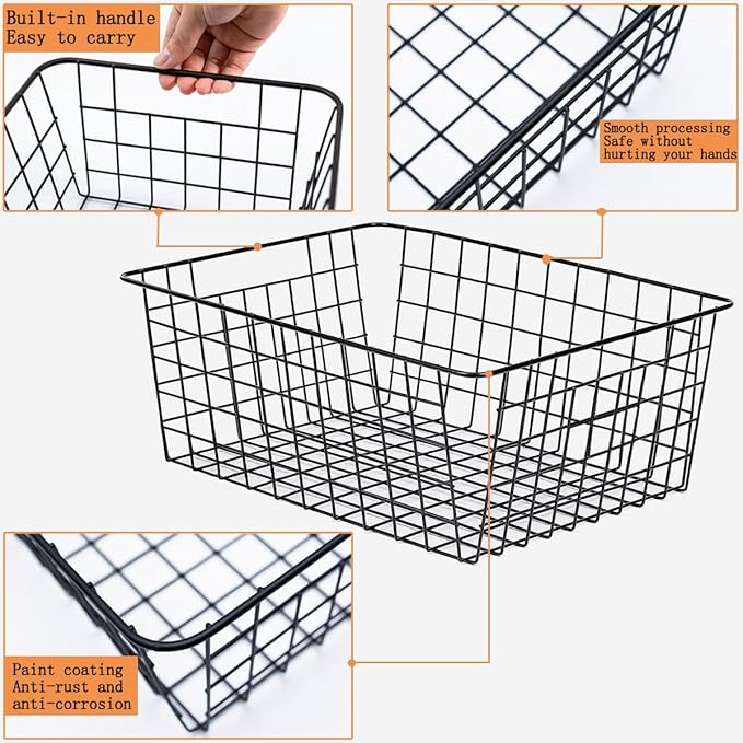 3 Pack Large Wire Baskets for Organizing 14.2'' Metal Wire Baskets with Built-in Handles, Wire Storage Basket Black Metal Freezer Organizer Wire Basket for Pantry, Cabinets, Bathroom