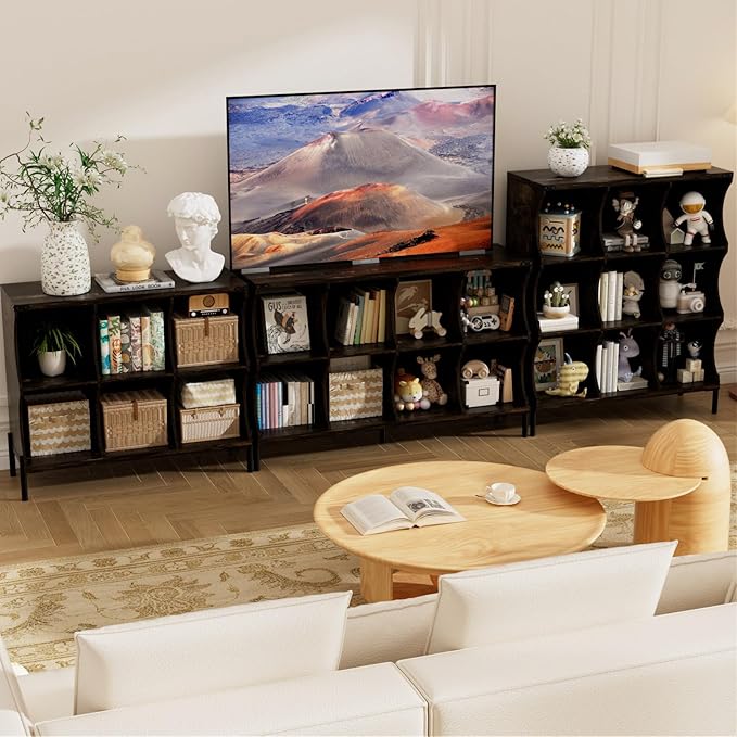 9 Cube Storage Shelf Organizer, Low Book Shelf Bookcase Entryway Table, Wood Closet Storage Display Cabinet TV Stand for Living Room, Office,Bedroom, Dorm, Dark Brown with Dark Brown Top