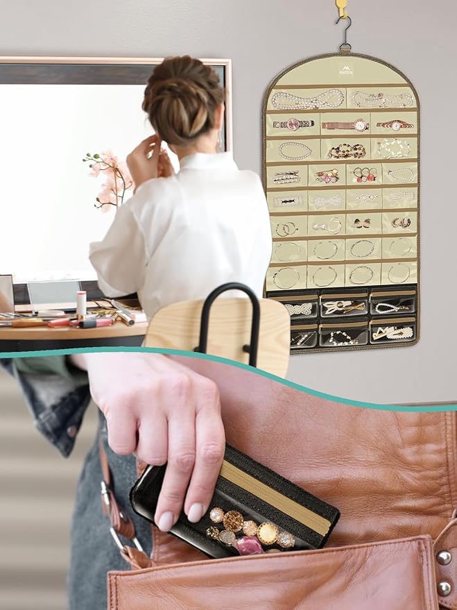 MATEIN Over the Door Jewelry Organizer with Travel Pouch, Double-Sided Hanging Necklace Earring Holder with Pockets, Large Jewelry Storage for Rings Bracelets, Christmas Gifts for Her, Beige-Brown