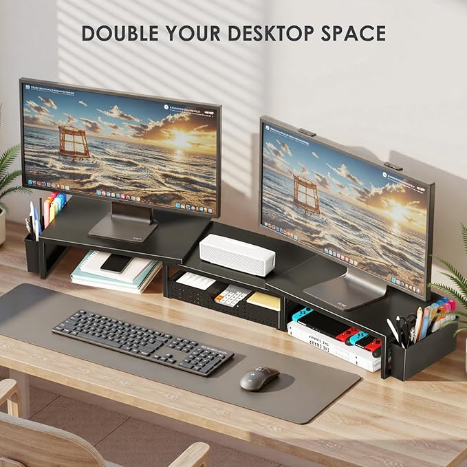 OPNICE Desk Organizers and Accessories, Dual Monitor Stand Riser with Drawer and 2 Pen Holders, Desk Shelf Metal Computer Racks for Office Workspace Organizers, Desktop Organization (Black)