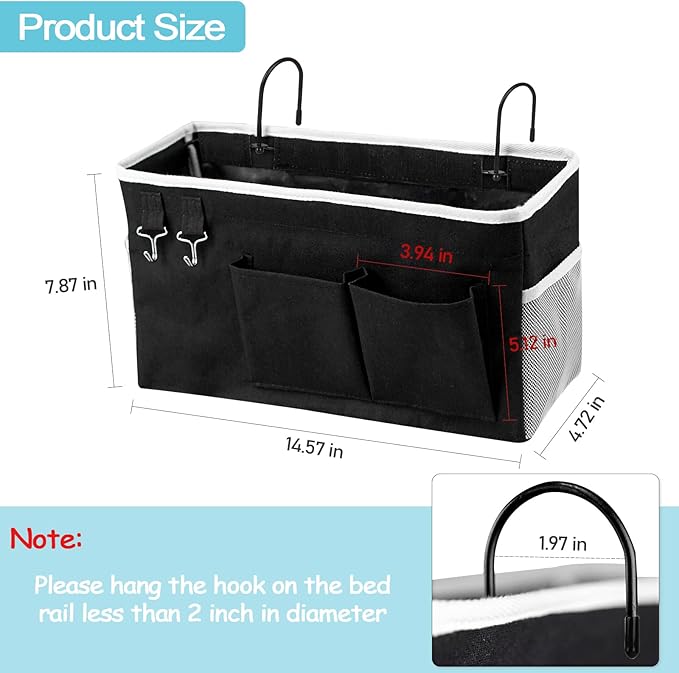 Loghot Bedside Caddy/Bedside Storage Bag Hanging Organizer for Bunk and Hospital Beds,Dorm Rooms Bed Rails,Can be Placed Glasses,Books,Mobile Phones,Keys (2pc Black)