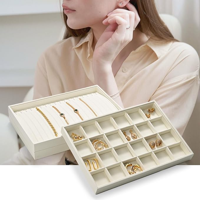 Microfiber Jewelry Display Tray, Stackable Jewelry Drawer Organizer Trays, Ring Necklace Watch Perfume Organizer Display Tray (Beige)