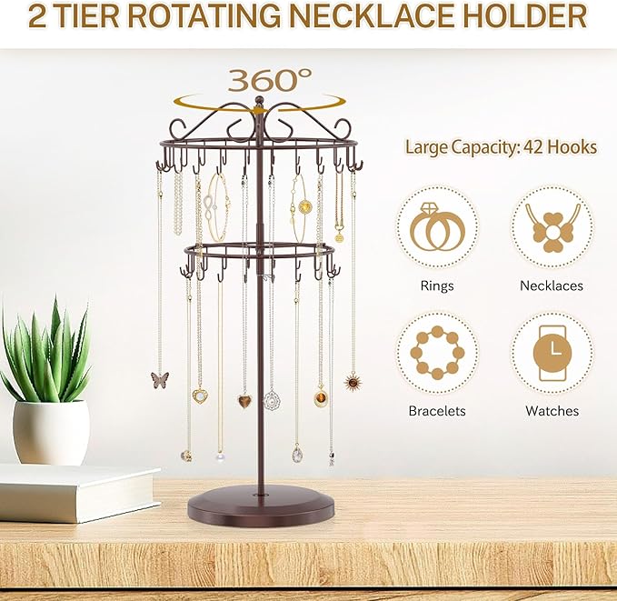 iDavosic.ly 2 Tier Rotating Necklace Holder Organizer with 42 Hooks, Adjustable Metal Bracelet Display Stand Rack, Extra Tall Keychain Spinning Tree Tower for Women, Espresso Brown