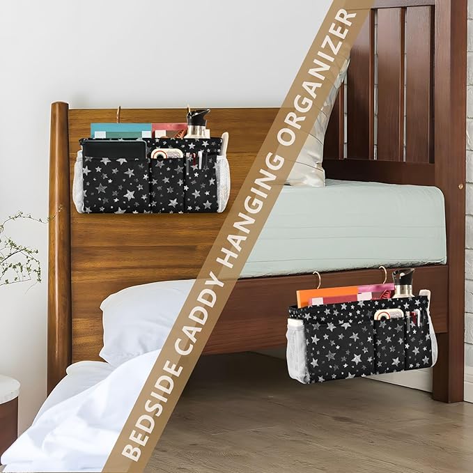 Sparkly Silver Stars Bedside Caddy for Dorm Bed Bedside Hanging Caddy Bag Iron Frame Storage Organizer Pocket for Bunk Home College Hospital Beds 2 Hooks